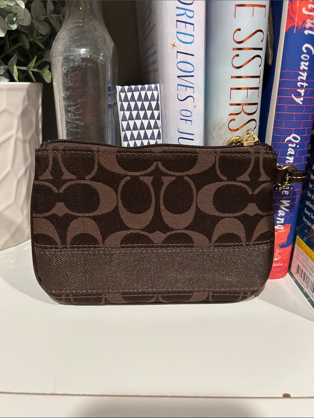 Coach Brown Signature Zip Wristlet with Gold Hardware